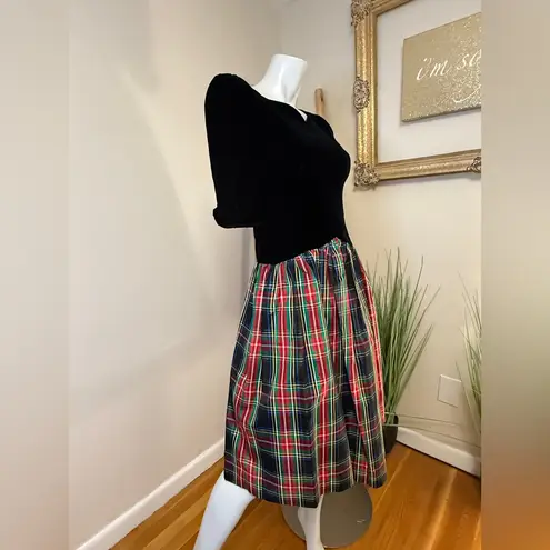 Joan Leslie Vintage 80S Paper Tag Velvet Top Plaid Skirt Dress 4P Red