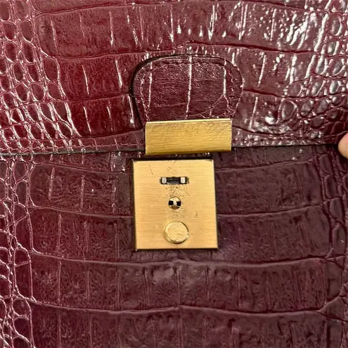 Vintage Burgundy Crocodile Print Leather Briefcase Bag Velvet Interior