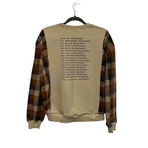 Handmade Unique One of a Kind Flannel Sleeve Love Your Neighbor Cream Sweatshirt M L