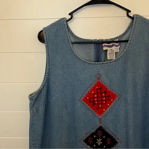 Vintage Country Wear XL Embroidered Denim Sleeveless Dress Western Barn Boho Blue