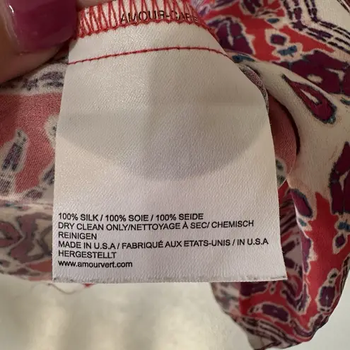 Amour Vert Size Large Red Purple Print Silk Off The Shoulder Short Sleeve Blouse