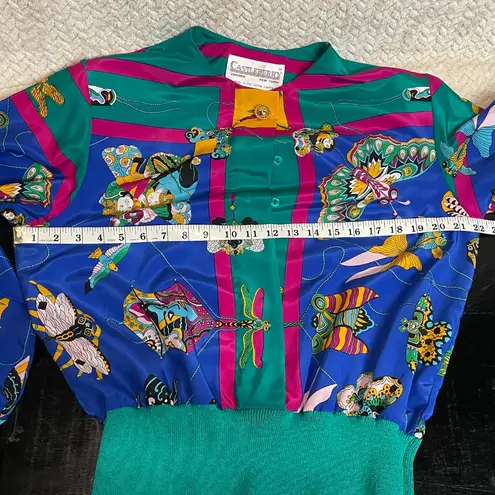 Vintage 80s Castleberry Blouse Knitted Waist Sleeves Womens size 12 | Retro Glam Green