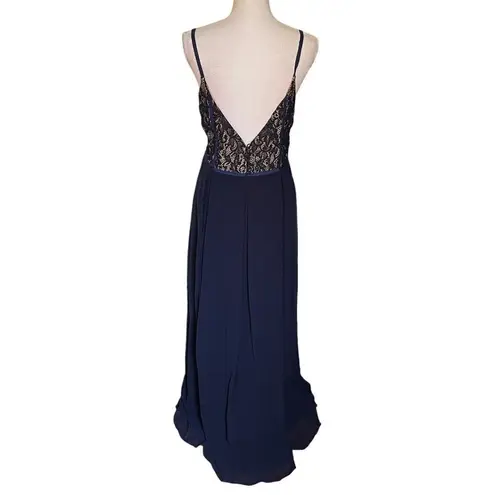 Fame and Partners Navy Lace Gown Spaghetti Strap Women’s Size 14 Grosgrain Trim