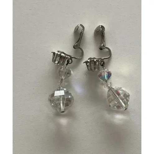 Vintage Clear Aurora Borealis Faceted AB Crystal Beaded Dangle Earrings Quality Silver