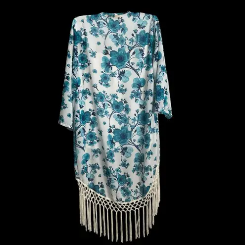Dolce Bonita Blue Floral Kimono with Fringe sz L Size L