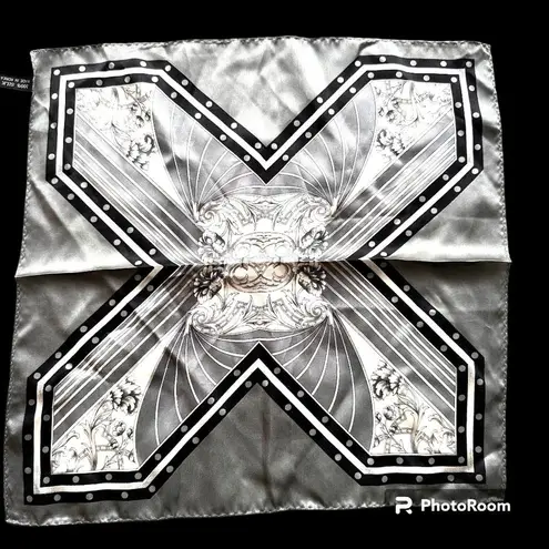 Vintage Neck Scarf Silver Black Floral Art Deco Hand Rolled Hem Korea Co…