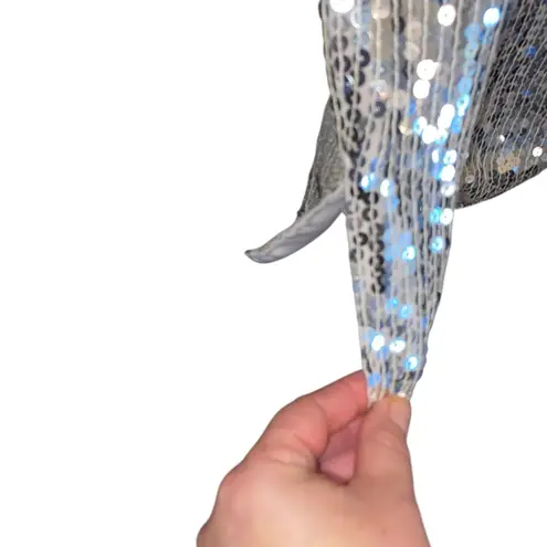 Vintage 80s 90s Sequin Pearl Embellished Floral Silver Formal Silk Blouse Size L