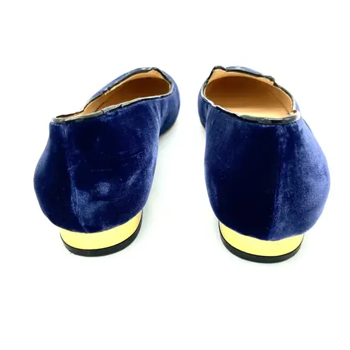 Charlotte Olympia Kitty Cat Navy Blue Velvet Flats Loafers Gold, EU 39 US 8.5-9