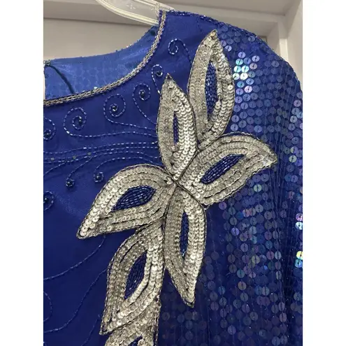 Vintage Sequin Blue & Silver 100% Silk Short Sleeve Top Size XL Game Day Party