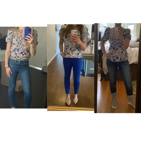 Shoshanna Odelia Floral Blouse Short Puff Sleeve Designer Womens Sz XS MSRP $320