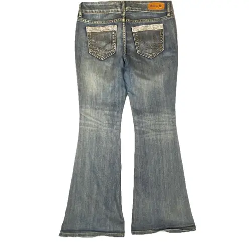 Allen B Womens Flare Jeans 10 Boot Mid rise Blue Rhinestones Boho Festival Ranch