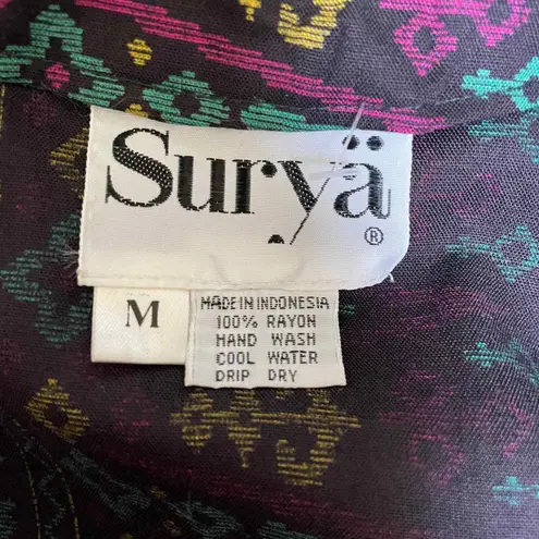 Surya Blazer Jacket Womens Medium Black Purple Rayon Aztec Print Vintage 80s