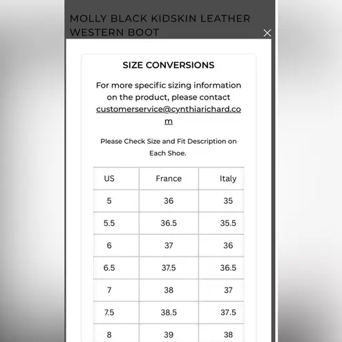 CYNTHIA RICHARD Molly Black Kidskin Leather Western Boot Black Tall Boots Sz 38