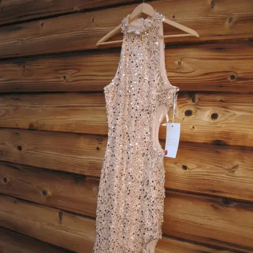 Mac Duggal 49679 Rose Gold Side Cut Out High Neck Sequin Gown Dress