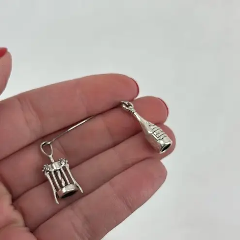 Wine & Cork Remover Novelty Dangle Earrings Silvertone Bachelorette Party Silver