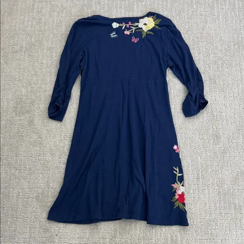 Johnny Was navy blue floral Embroidered long sleeve cotton dress
