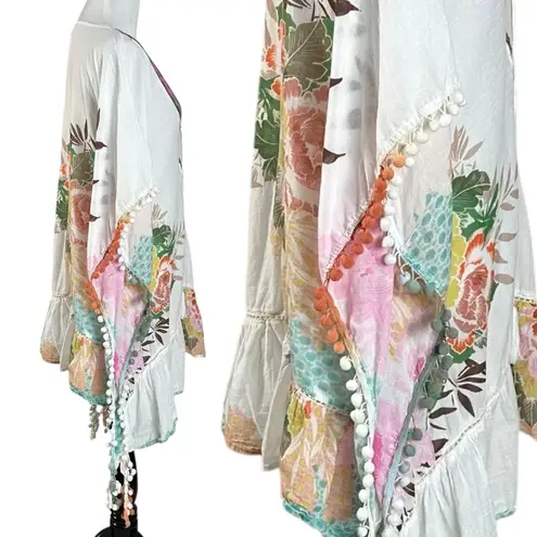 Anthropologie Z & L Europe Floral Pom Pom Kimono Tunic Coverup Bohemian OS White Size undefined