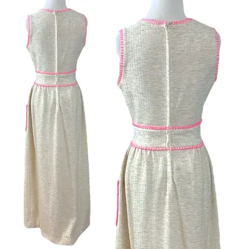 Vintage 60s 70s Shady Lane Sleeveless Cream Maxi Dress Spring Mod USA Size Small Pink
