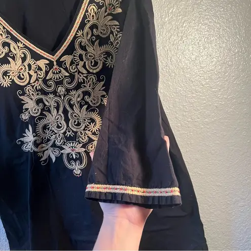 Soma Black Ornate Embroidered Tunic Top Bohemian Mini Dress Size M Boho Size M
