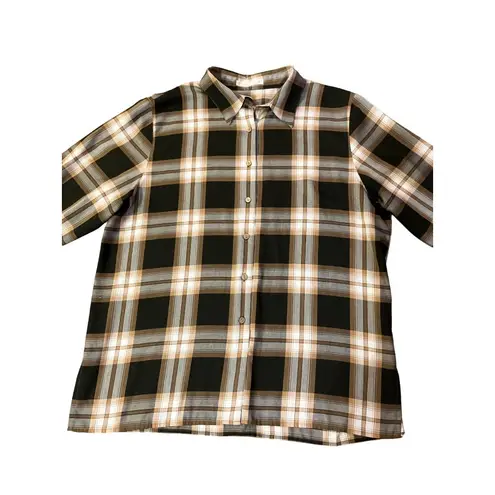 Foxcroft Blouse Women’s 16 Black Brown Cream Plaid Wrinkle Free Used Career