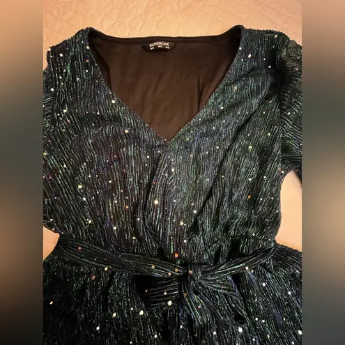 Bloomchic Sequin Mesh Lantern Sleeve Wrap Belted Striped Blouse nwot Blue Size 12