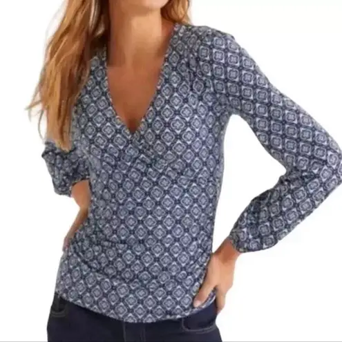 Boden ‘Elodie’ Long Sleeve Wrap Top Geometric Pattern Ruched Women’s Size 12 Blue