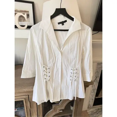 Lafayette 148 Button Down V Neck Blouse with Laced Up Sides Detail Rolled Sleeve
