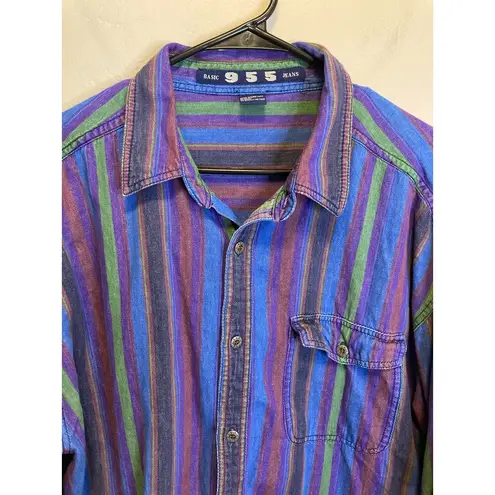 Basic 955 Jeans Bright Colorful Vintage Denim Striped Long Sleeve Button Up XL