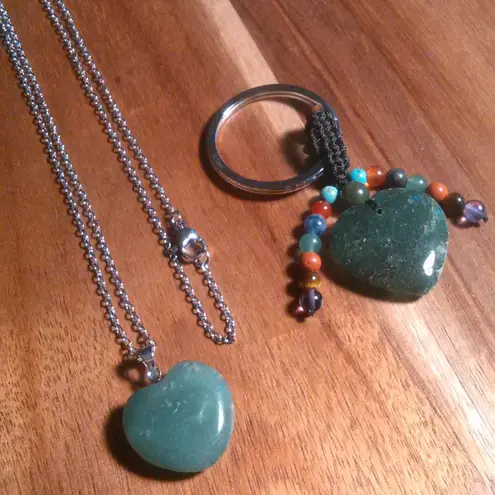 Green Aventurine Stainless Steel Heart Pendant Necklace and Heart Charm Keychain