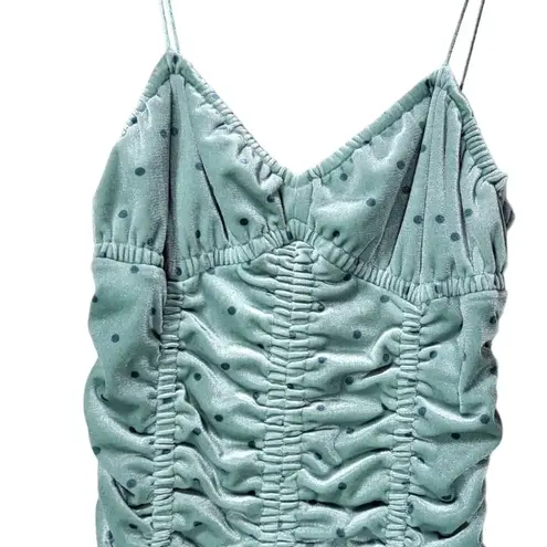 NWT Rotate Birger Christensen Aria Ruched Polkadot Velvet Mini Dress in BlueSurf Green Size 6