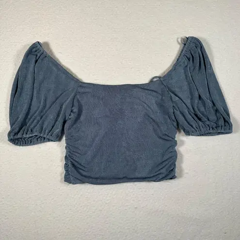 Sophie Rue Off Shoulder Crop Top Size Small Blue Slinky Front Tie Puff Sleeves - Image 8