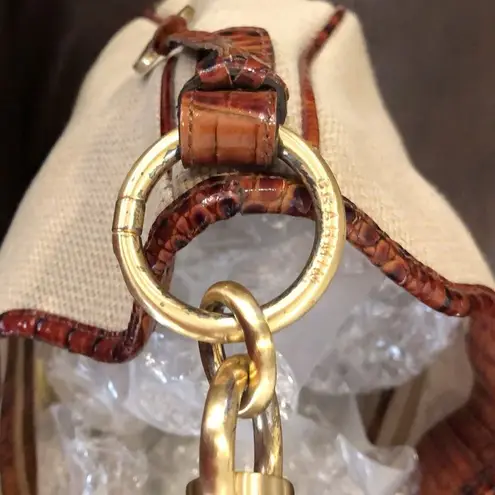 Brahmin Canvas and Warm Brown Crocodile Leather Shoulder Bag with Medallion