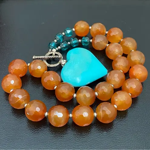 Handmade Agate Stone Crystal Faux Turquoise Heart Pendant Toggle Chunky Necklace
