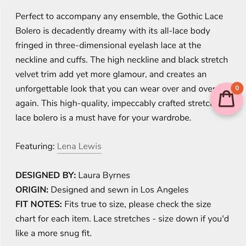 LAURA BYRNES for Pinup Girl Clothing, Gothic lace bolero, size S, NWT