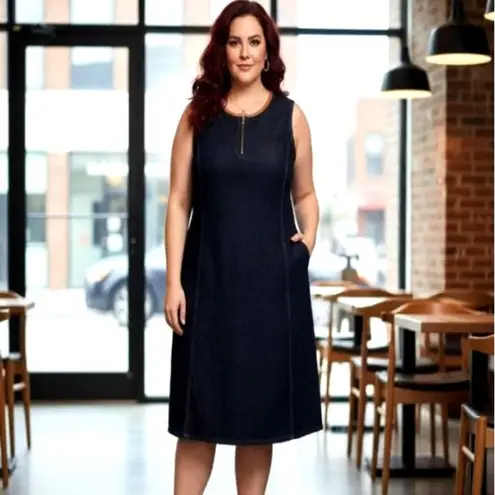 LRL Ralph Lauren Denim Dress Plus 14W 1/4 Zip New Leather Trim Neutral Classic Blue