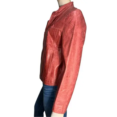 Pasha & Jo Women’s Size L Red Burgundy Distressed Leather Zip Up Jacket Size L