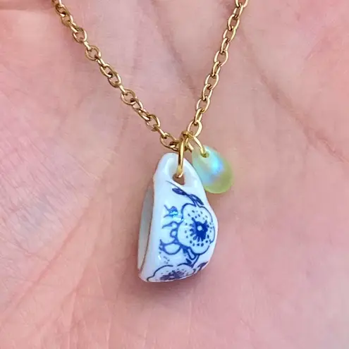 Handmade porcelain tea cup & Czech teardrop unique fun fairy antique style necklace🫖🍃🌀