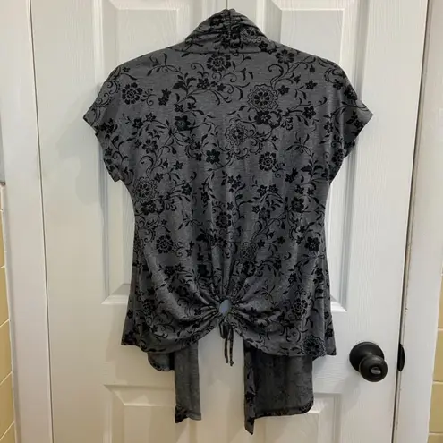 Vintage Brittany Black Gray Floral Open Front Waterfall Shrug Sweater Wrap 90s