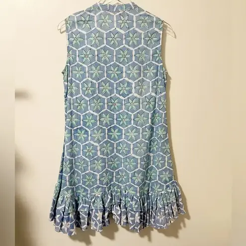 RO’S GARDEN Astrid Dress Printed Flounce Tunic Geometric Floral Small Blue