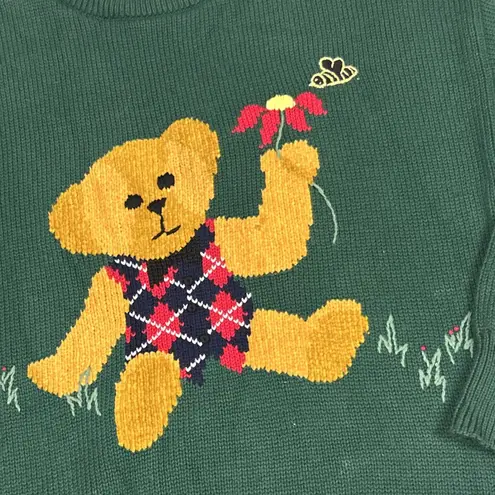 Aston Vintage Sweater Womens Medium Green Cotton Bear Bee Flower Knit Crewneck