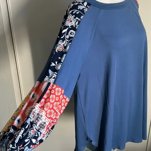 New Boho Balloon Sleeve Color Block Patchwork Jersey Knit Top Long Sleeve Blouse Blue Size L