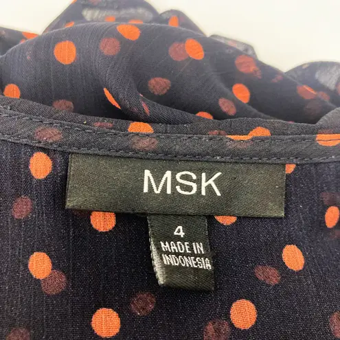 MSK Dress Size 4 Polka Dot Navy Pink Faux Wrap Ruffle Midi Short Sleeve Blue
