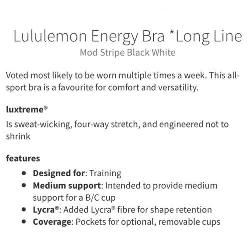 Lululemon  Energy Bra Long Line in Mod Stripe Black & White Size 4