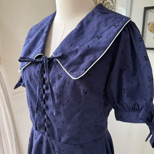 NWT British Retro Florence Navy Broderie Anglaise 50s Style Dress UK 14 US 10 Blue