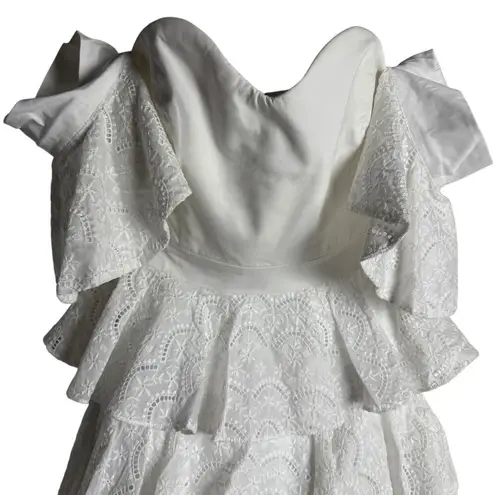 Caroline Constas Irene Ruffle Tiered Off Shoulder White Eyelet Mini Dress Size 4