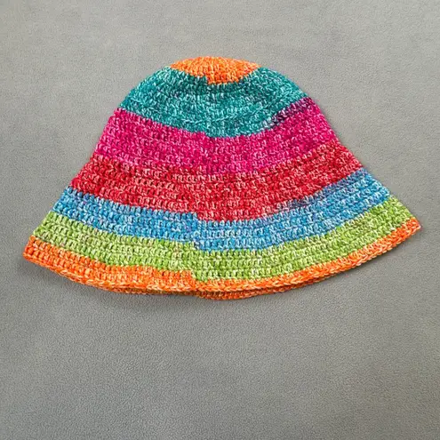 Handmade Crochet Bucket Hat Colorful Striped Knit Hippie Boho Women Vibrant Y2K