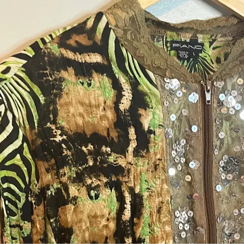 Vintage Sequin Zip Up Brown and Green Zebra Print Cardigan Size L