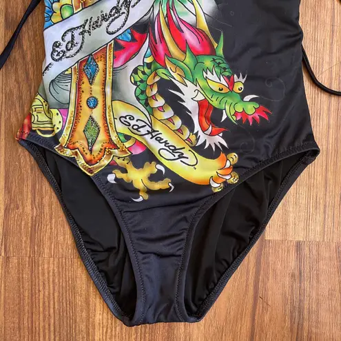 Ed Hardy Vintage Y2K Rare Black Dragon Cross Rhinestone Edgy One Piece Swimsuit