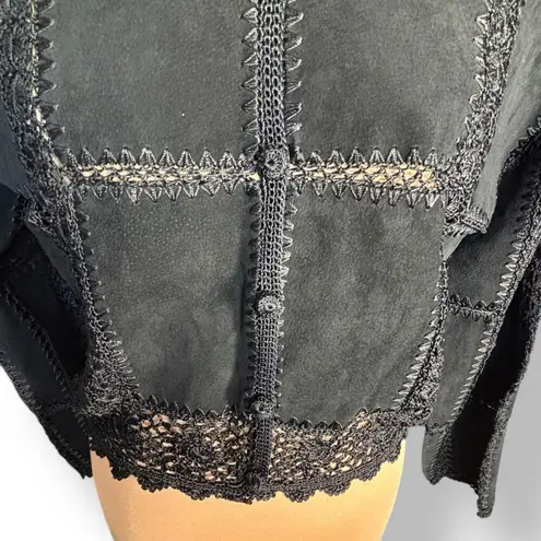 Vintage Scully Black Suede Leather Jacket Crochet Lace Trim Size 12 Western Boho