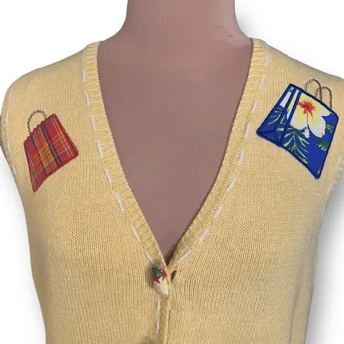 Vintage 90s Mandal Bay Yellow Knit Sweater Vest Shopping Bag Appliqués Large